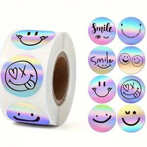 500pcs/roll 1" Round Rainbow Laser Holographic 8 Pattern Smiley Face Stickers